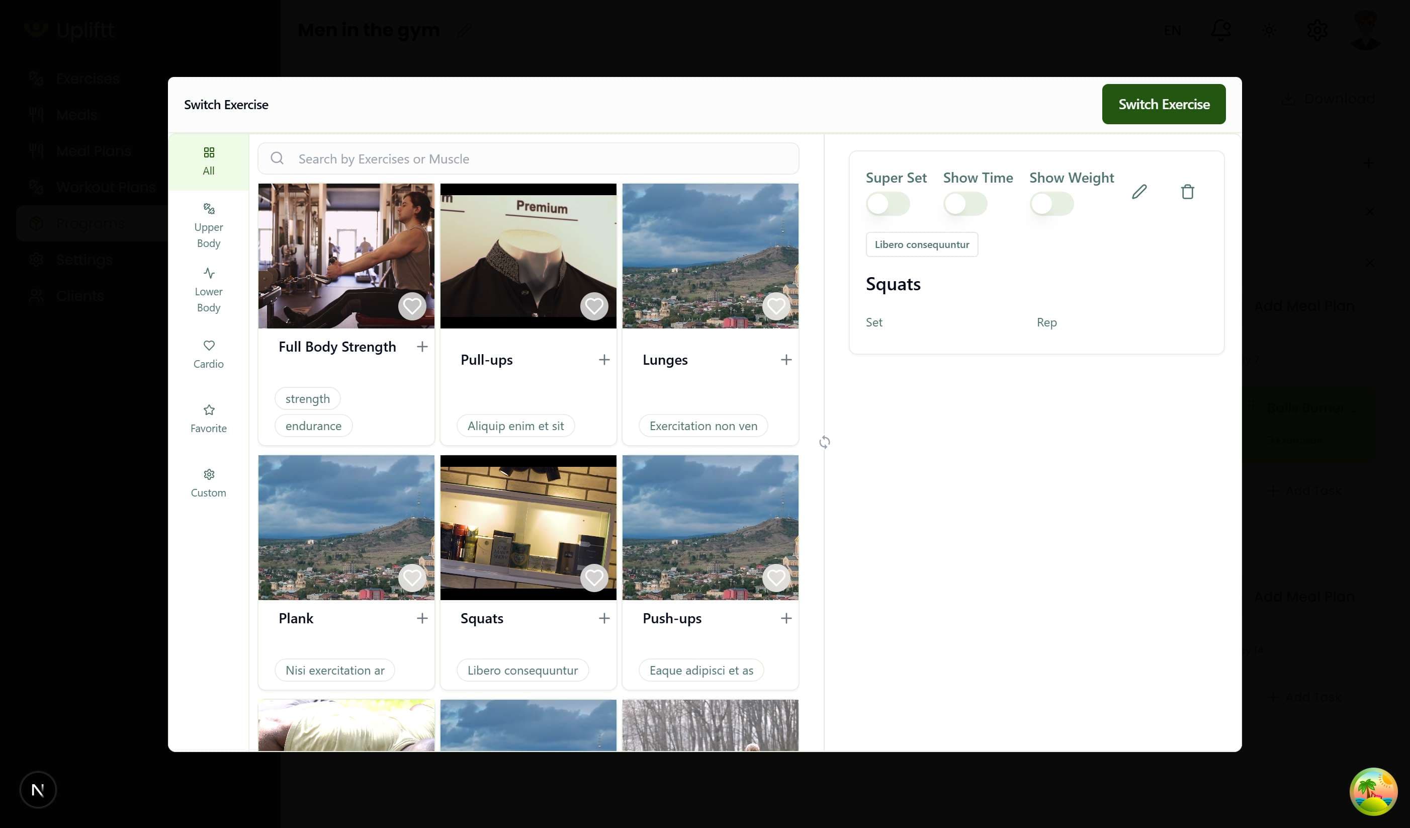 Exercise switching and selection interface in programs page