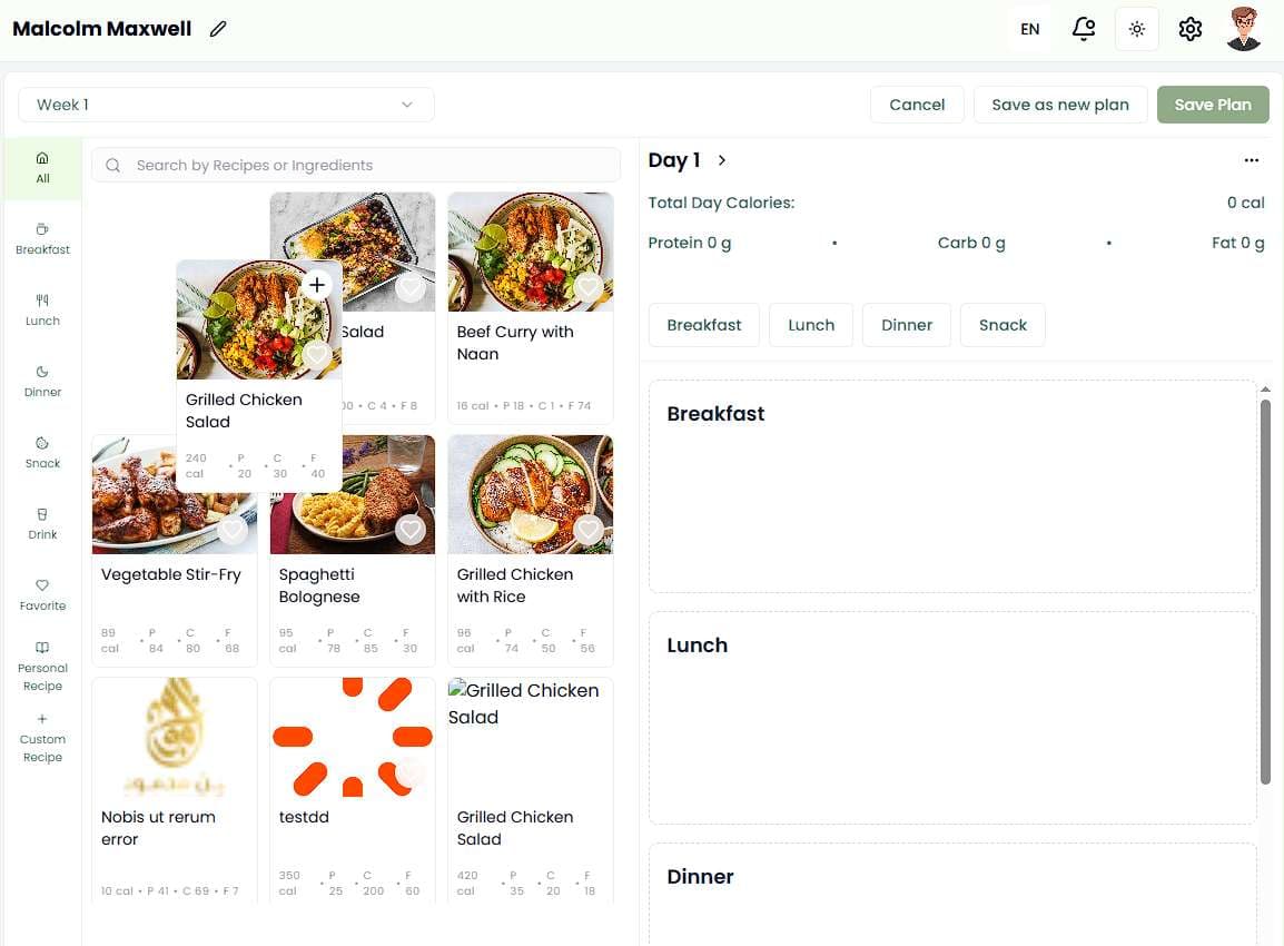 Drag and drop meal plan organization