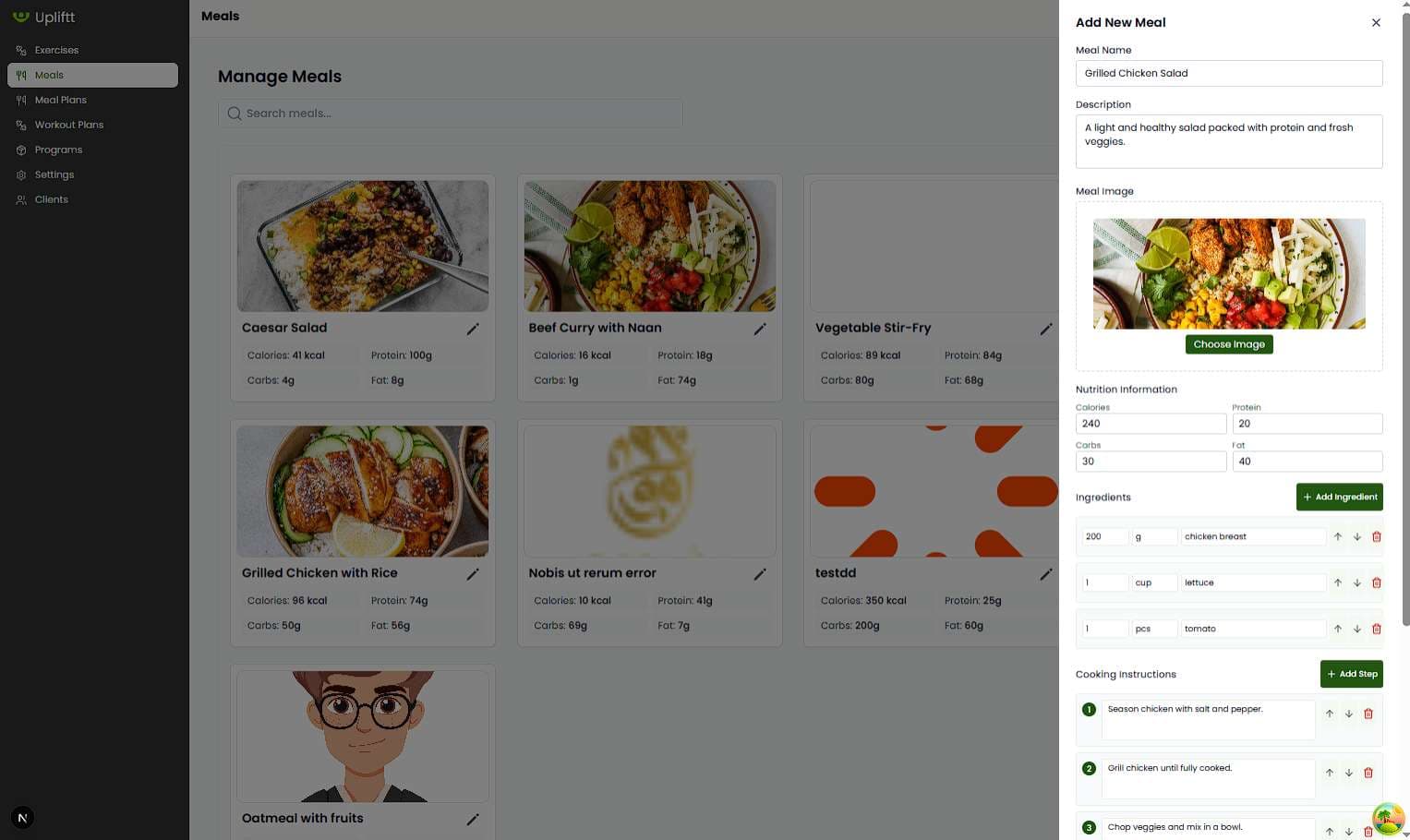 Complete meals overview dashboard