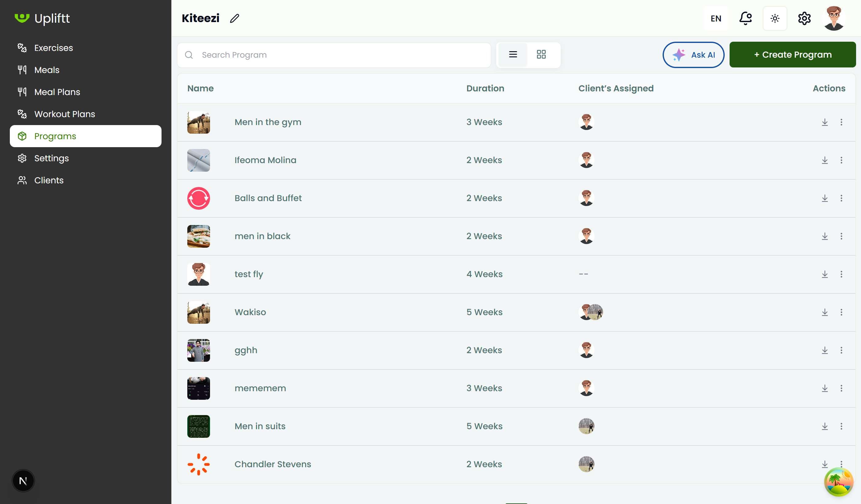 List view of all available programs