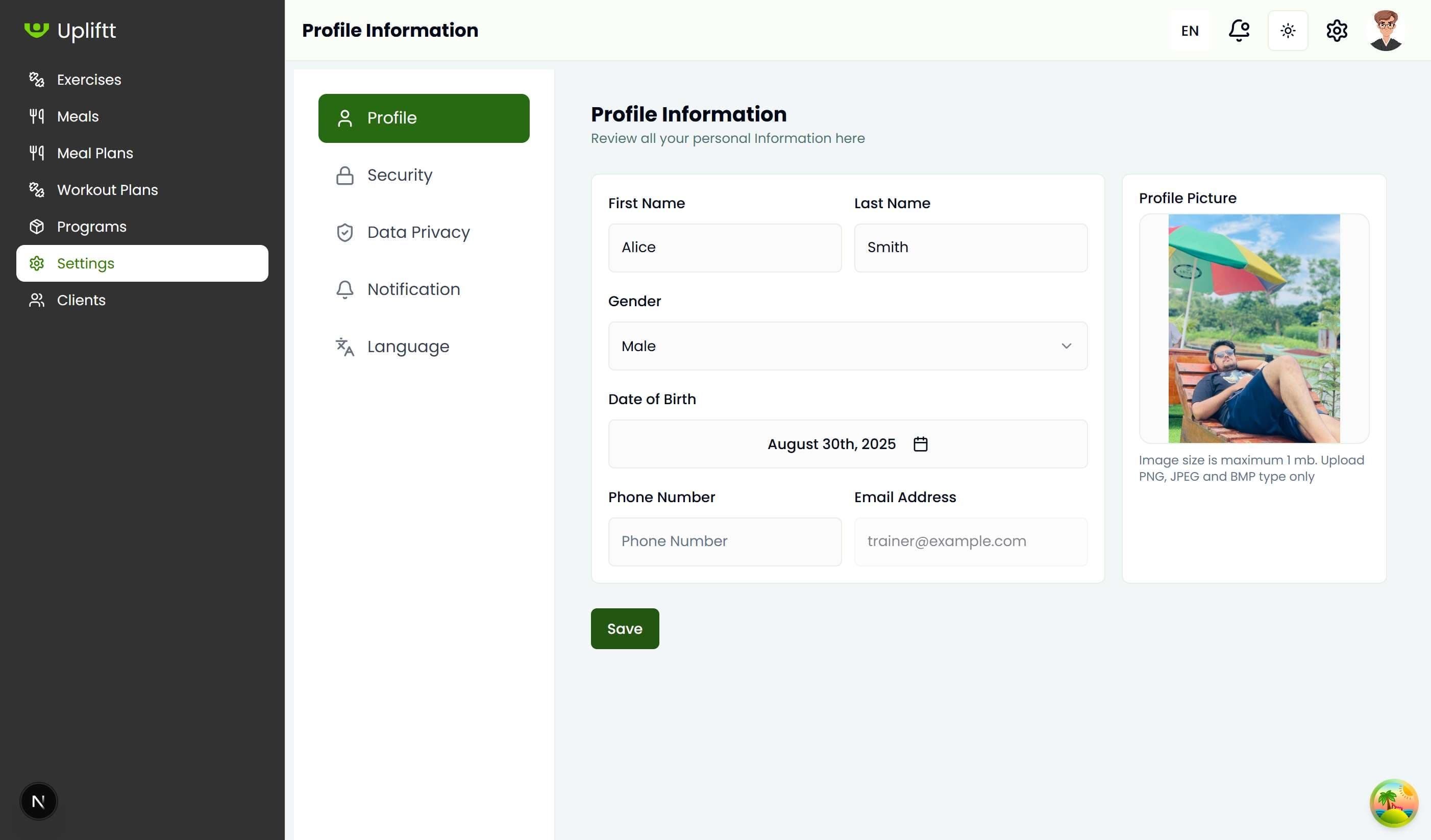 Individual client profile with progress tracking