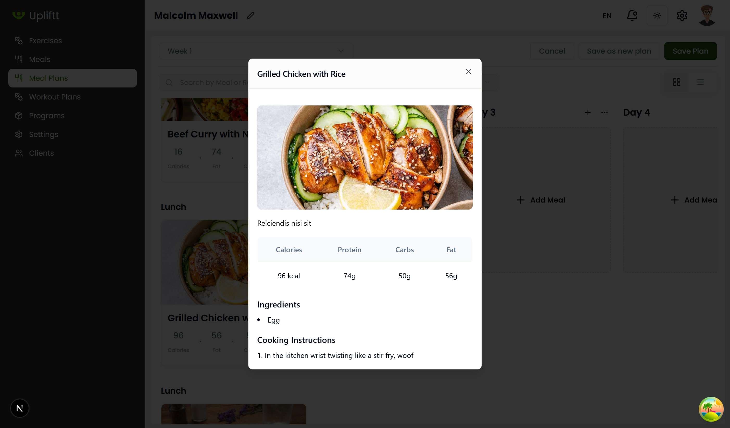 Meal plan selection modal interface