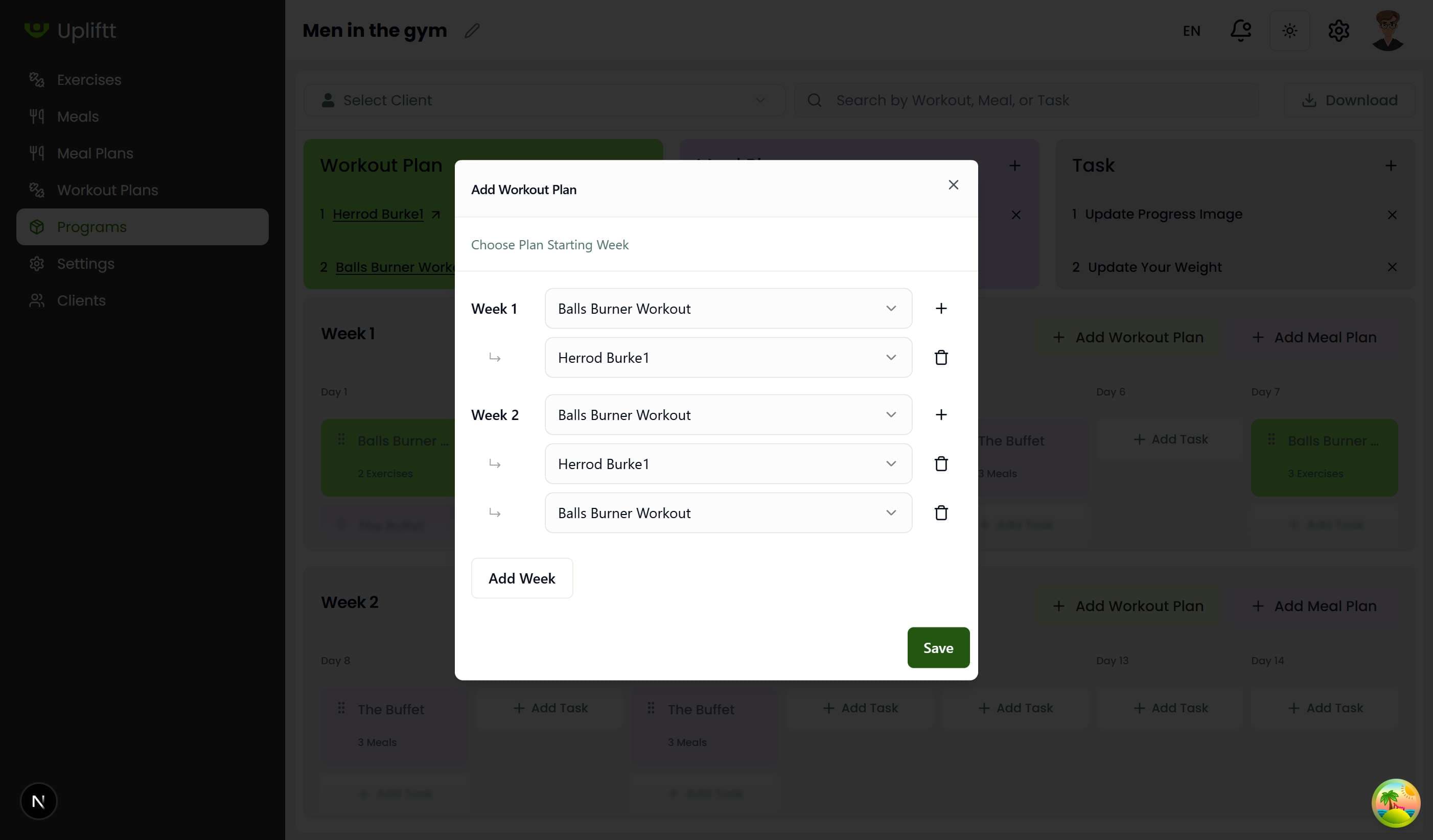 Add new workout plan interface