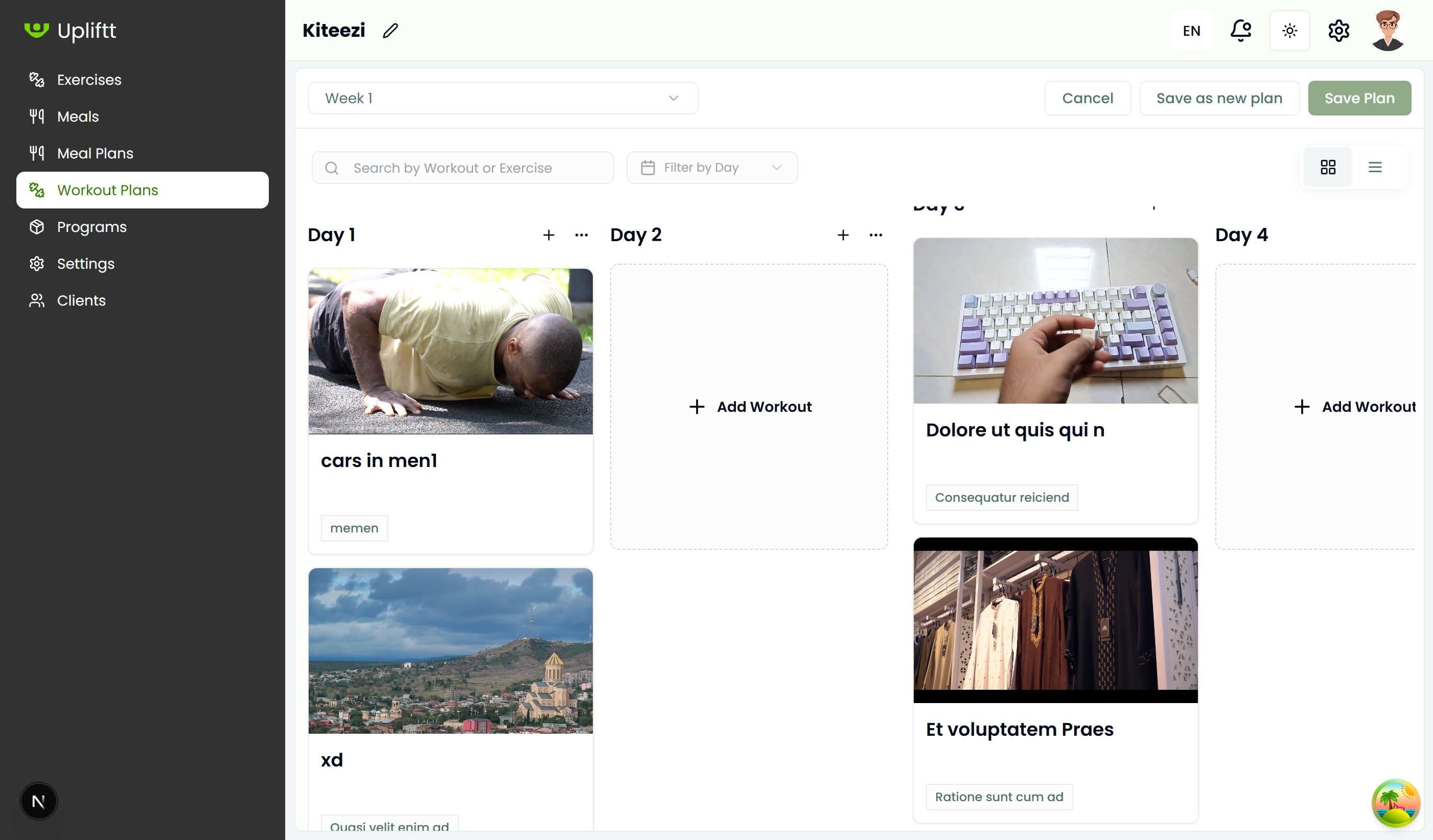 Individual workout plan creation interface